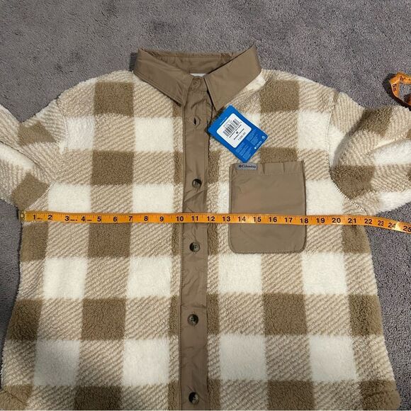 Columbia Women's West Bend Shirt Jacket Shacket Button Sherpa Fleece Plaid M Tan - Picture 8 of 9